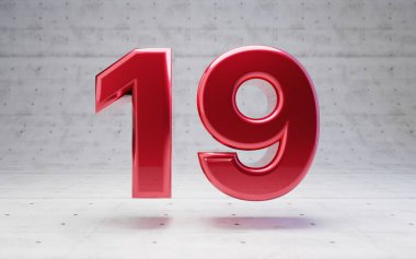 Kırmızı numara 19. Metalik kırmızı rakam beton arka planda izole edilmiş. 3B görüntüleme.