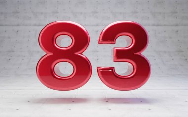 Kırmızı numara 83. Metalik kırmızı rakam beton arka planda izole edilmiş. 3B görüntüleme.