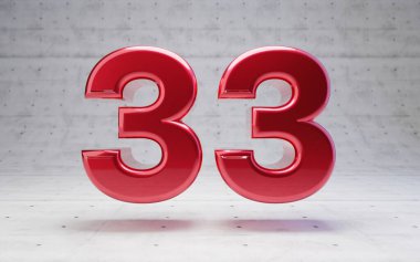 Kırmızı numara 33. Metalik kırmızı rakam beton arka planda izole edilmiş. 3B görüntüleme.