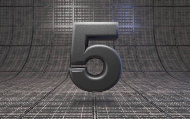 Siyah numara 5. Dlsr kamera gövde plastik desen metal zemin üzerinde rakam. 3d oluşturulmuş yüksek teknoloji yazı tipi.