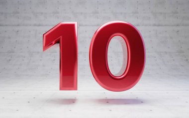 Kırmızı numara 10. Metalik kırmızı rakam beton arka planda izole edilmiş. 3B görüntüleme.