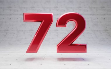 Kırmızı numara 72. Metalik kırmızı rakam beton arka planda izole edilmiş. 3B görüntüleme.