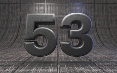 Siyah 53 numara. DLSR kamera gövde plastik desen metal zemin üzerinde rakam. 3D oluşturulmuş yüksek teknoloji yazı tipi.