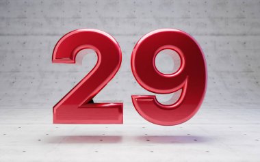Red number 29. Metallic red color digit isolated on concrete background. 3D rendering. clipart