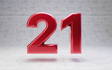 Kırmızı numara 21. Metalik kırmızı rakam beton arka planda izole edilmiş. 3B görüntüleme.