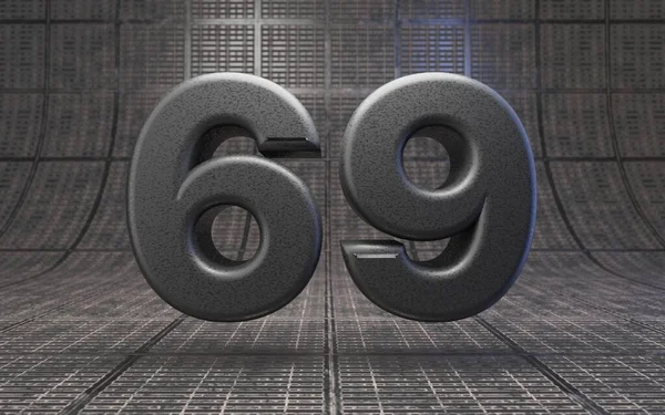 黑色69号Dlsr相机身体塑料纹理数字在金属地板上 3D渲染高科技字体 — 图库照片