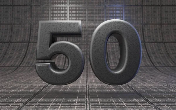 黑色50号Dlsr相机身体塑料纹理数字在金属地板上 3D渲染高科技字体 — 图库照片