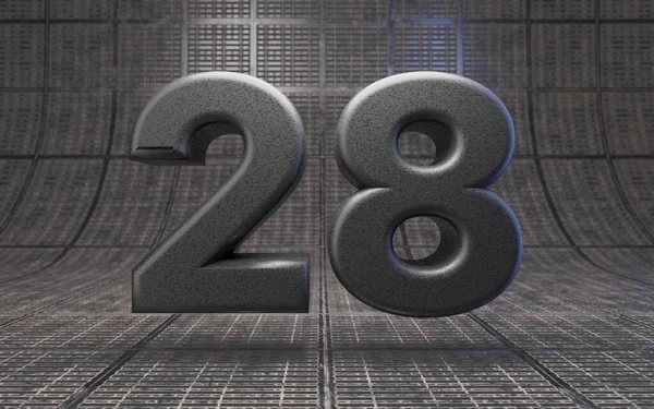 黑色28号Dlsr相机身体塑料纹理数字在金属地板上 3D渲染高科技字体 — 图库照片