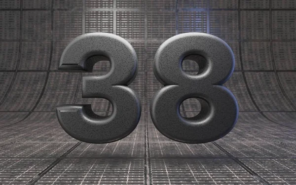 黑色38号Dlsr相机身体塑料纹理数字在金属地板上 3D渲染高科技字体 — 图库照片