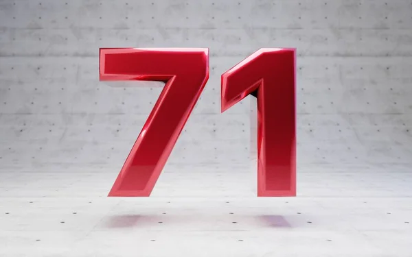 Red number 71. Metallic red color digit isolated on concrete background. 3D rendering.