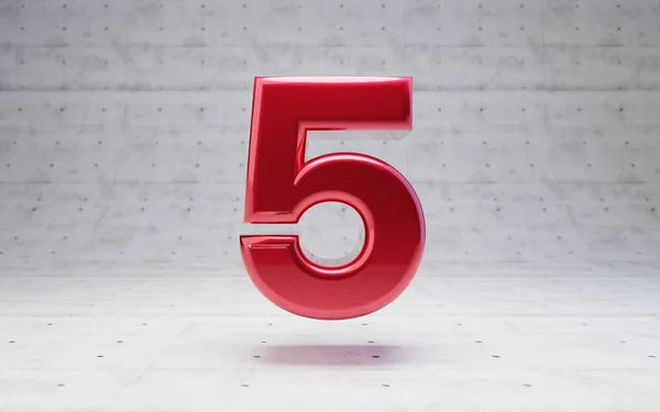 Red number 5. Metallic red color digit isolated on concrete background. 3D rendering.