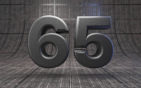 黑色65号Dlsr相机身体塑料纹理数字在金属地板上 3D渲染高科技字体 — 图库照片