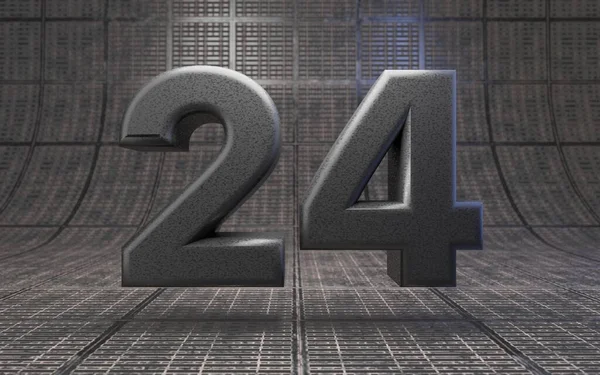 24号黑人Dlsr相机身体塑料纹理数字在金属地板上 3D渲染高科技字体 — 图库照片