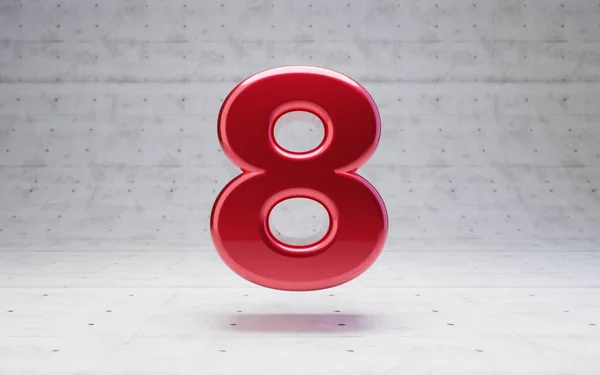 Red number 8. Metallic red color digit isolated on concrete background. 3D rendering.