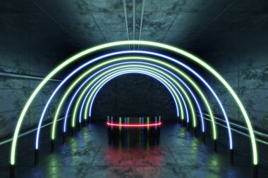 Fütürist neon soyut arka plan. Kırmızı, mavi ve yeşil neon ışıklar. Ürün sunumu için silindir podyum ortaya. 3d hazırlayıcı.
