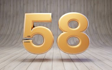 Tahta zeminde 58 numaralı altın. 3D gösterişli altın alfabe karakteri.