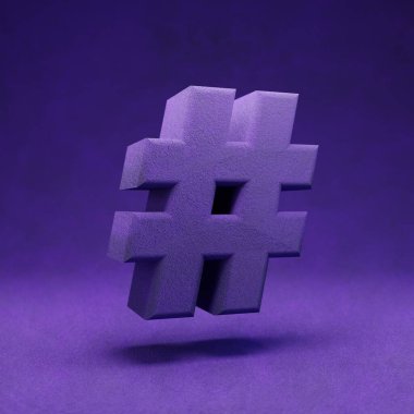 Mor kadife hashtag sembolü. İndigo renk yazı tipi karakteri... 3D oluşturma.