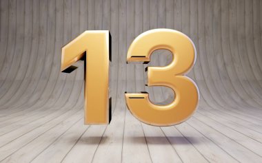 Ahşap zeminde 13 numaralı altın. 3D gösterişli altın alfabe karakteri.