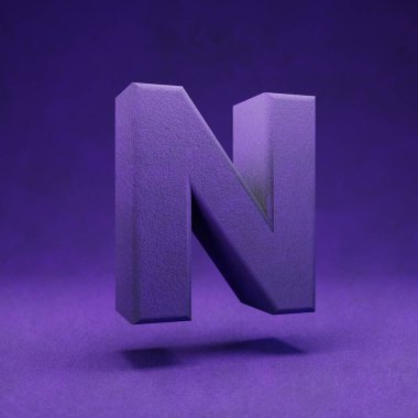 Mor kadife harfli N büyük harf. İndigo renk yazı tipi karakteri... 3D oluşturma.