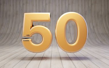 Ahşap zeminde 50 numaralı altın. 3D gösterişli altın alfabe karakteri.