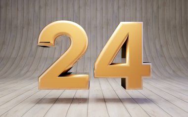Ahşap zeminde 24 numaralı altın. 3D gösterişli altın alfabe karakteri.