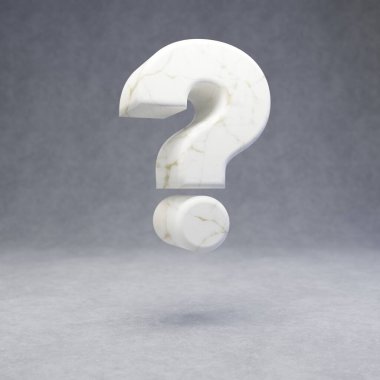 Beton arka planda beyaz mermer soru sembolü. 3d biçimlendirilmiş parlak taş yazı tipi karakteri.