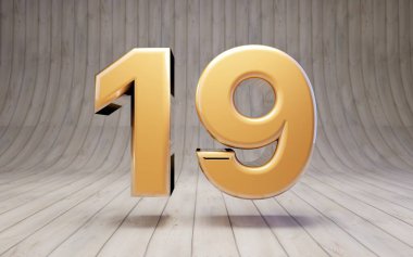 Ahşap zeminde 19 numara altın. 3D gösterişli altın alfabe karakteri.