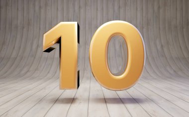 Altın numara 10 tahta zeminde. 3D gösterişli altın alfabe karakteri.