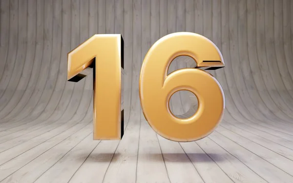 金16号在木地板上3D渲染光滑的黄金字母表字符 — 图库照片
