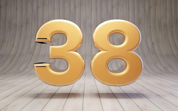 38号黄金在木地板上3D渲染光滑的黄金字母表字符 — 图库照片