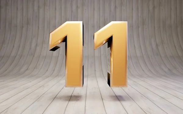 木地板上的11号黄金3D渲染光滑的黄金字母表字符 — 图库照片