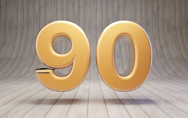 90号黄金在木地板上3D渲染光滑的黄金字母表字符 — 图库照片