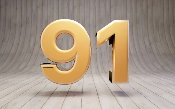 木製の床に黄金の番号91 3Dレンダリング光沢のある金のアルファベット文字 — ストック写真