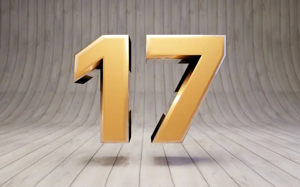 木製の床に黄金の番号17 3Dレンダリング光沢のある金のアルファベット文字 — ストック写真