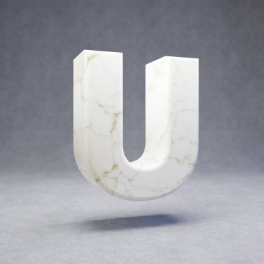 Beton arka planda beyaz mermer U büyük harfi. 3d biçimlendirilmiş parlak taş yazı tipi karakteri.