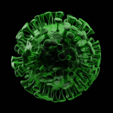 Yeşil Coronavirus 2019-NCov hücresi. Mikroskop virüsü yaklaşıyor. 3D görüntüleme. Corona virüsü hücresinin 3D çizimi.