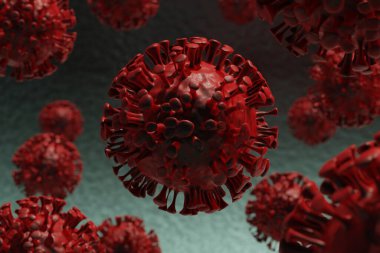Coronavirus 2019-nCov kırmızı virüs hücrelerinin mikroskobik görüntüsü. Mikroskop virüsü yaklaşıyor. Corona virüsü hücrelerinin 3D çizimi.