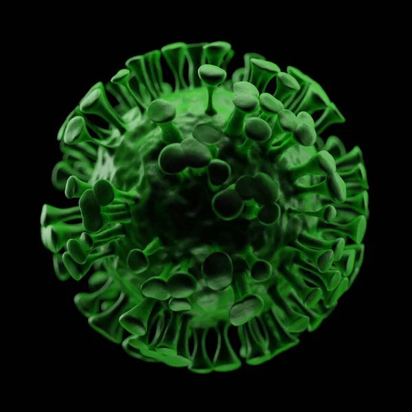 Célula Coronavirus Verde 2019 Ncov Vírus Microscópico Perto Renderização Ilustração — Fotografia de Stock