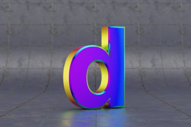 Çoklu renkli 3D harfi küçük harf. Fayans zemininde parlak yanardöner bir harf. Stüdyo ışık yansımalı metal alfabe. 3d oluşturulmuş yazı tipi karakteri.