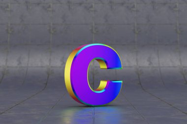 Çok renkli 3d harf C küçük harf. Fayans zemininde parlak yanardöner bir harf. Stüdyo ışık yansımalı metal alfabe. 3d oluşturulmuş yazı tipi karakteri.
