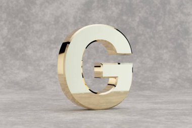 Altın 3d harf G büyük harf. Beton arka planda parlak altın harfler. Stüdyo ışık yansımalı metal alfabe. 3d oluşturulmuş yazı tipi karakteri.