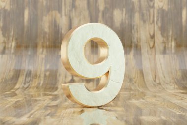 Altın 3D numara 9. Parlak, ıslak ahşap arka planda altın sayı. Kusurlu altın alfabe. 3d oluşturulmuş yazı tipi karakteri.