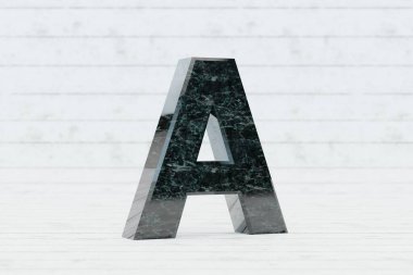 Mermer 3D harf A büyük harf. Beyaz ahşap arka planda koyu yeşil mermer harf. 3d oluşturulmuş yazı tipi karakteri.