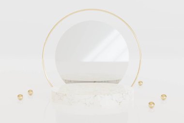 Yuvarlak beyaz mermer silindir podyum, ayna ve altın boncuklar. Ürün sunumu için en iyisi. 3d özet arkaplan oluştur.