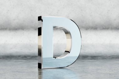 Krom 3D harf D büyük harf. Kazınmış metal arka planda parlak bir krom harf. Stüdyo ışık yansımalı metal alfabe. 3d oluşturulmuş yazı tipi karakteri.