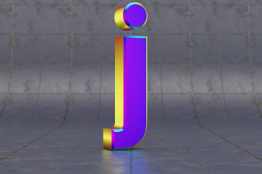 Çok renkli 3d harfli J küçük harf. Fayans zemininde parlak yanardöner bir harf. Stüdyo ışık yansımalı metal alfabe. 3d oluşturulmuş yazı tipi karakteri.