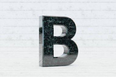Mermer 3D harf B büyük harf. Beyaz ahşap arka planda koyu yeşil mermer harf. 3d oluşturulmuş yazı tipi karakteri.