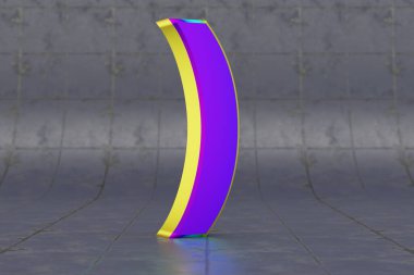 Çoklu renkli 3d yuvarlak parantez sembolü. Fayans kaplamasında parlak yanardöner işareti var. Stüdyo ışık yansımalı metal alfabe. 3d oluşturulmuş yazı tipi karakteri.