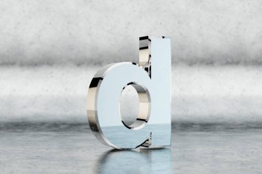 Krom 3D harf D küçük harf. Kazınmış metal arka planda parlak bir krom harf. Stüdyo ışık yansımalı metal alfabe. 3d oluşturulmuş yazı tipi karakteri.