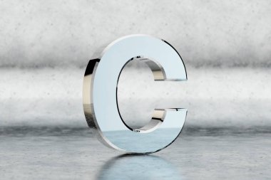 Krom 3d harf C büyük harf. Kazınmış metal arka planda parlak bir krom harf. Stüdyo ışık yansımalı metal alfabe. 3d oluşturulmuş yazı tipi karakteri.